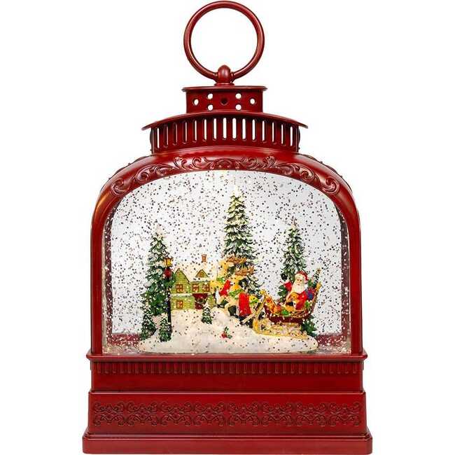 6.5-Inch Battery Operated USB LED Lighted Santa on Sleigh Lantern with Spinning Glitter Water