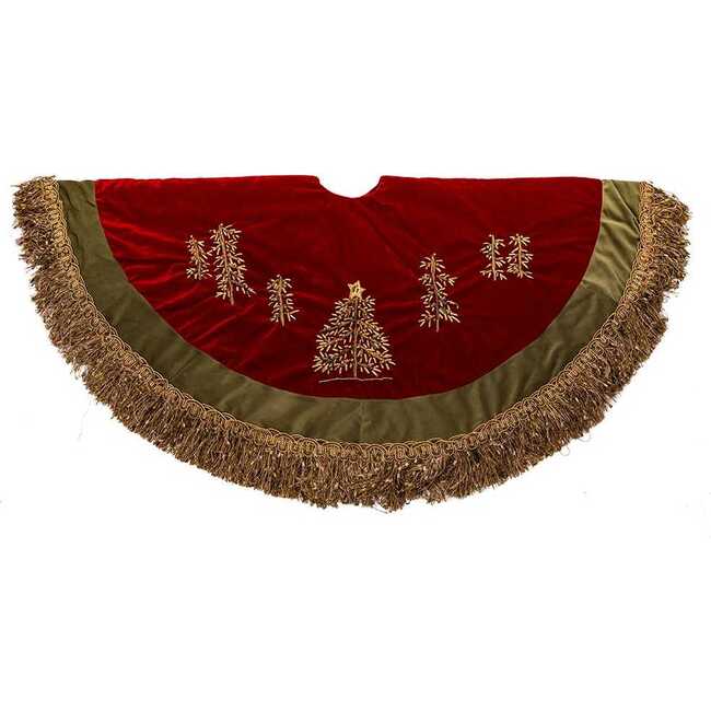 50-Inch Burgundy Ribbon Trees Tree skirt with Green Tassel Border
