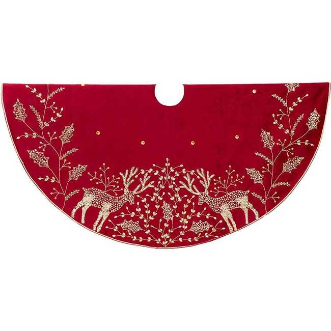 50-Inch Reindeer Hand Embroidered Tree Skirt