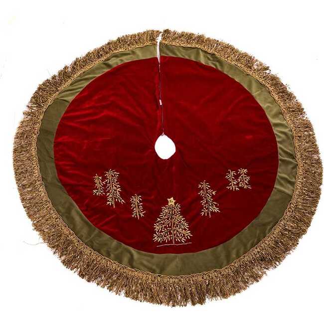50-Inch Burgundy Ribbon Trees Tree skirt with Green Tassel Border - Tree Skirts - 2