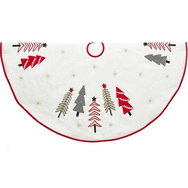 50-Inch Ivory, Green and Red Tree Embroidered Tree Skirt