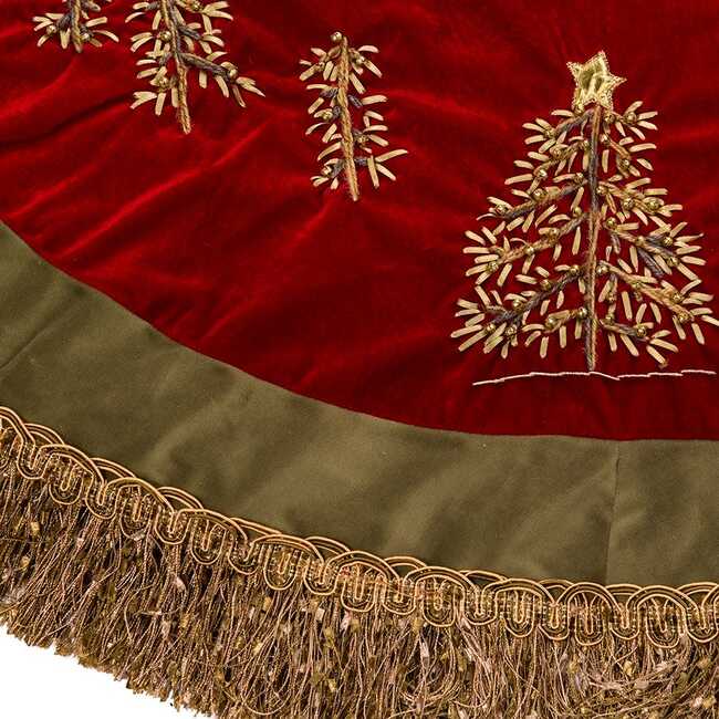 50-Inch Burgundy Ribbon Trees Tree skirt with Green Tassel Border - Tree Skirts - 3