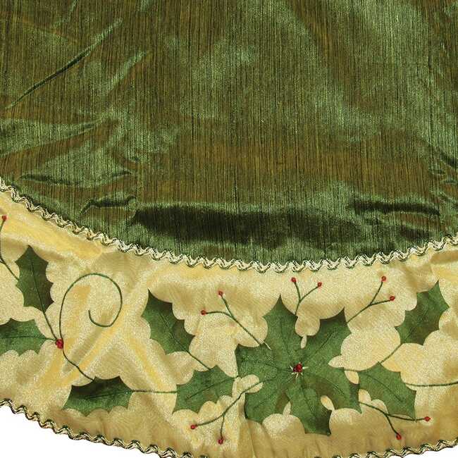 54-Inch Green and Gold Holly Leaves Embroidered Treeskirt - Tree Skirts - 2