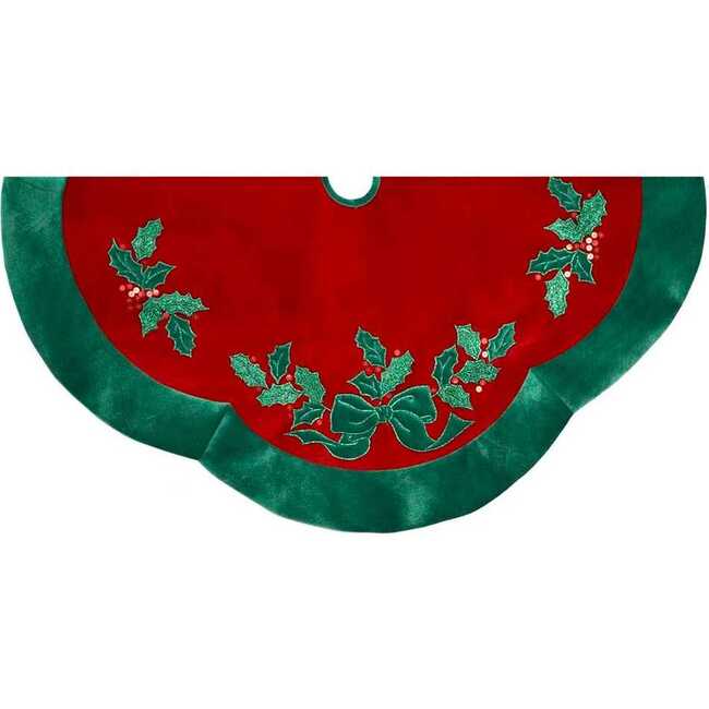 48-Inch Velvet Red with Green Leaves Applique Tree skirt