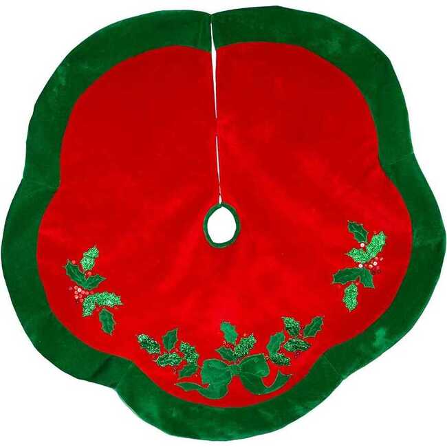 48-Inch Velvet Red with Green Leaves Applique Tree skirt - Tree Skirts - 2