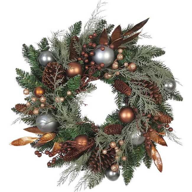 24-Inch Unlit Copper and Silver Balls Green Wreath