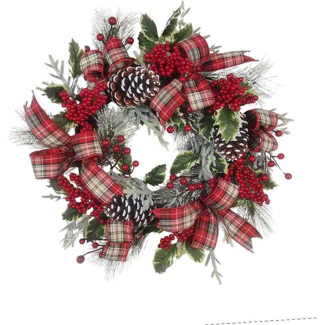 24-Inch Flocked Decorated Unlit Rattan Wreath with Plaid Bow and Holly Berry