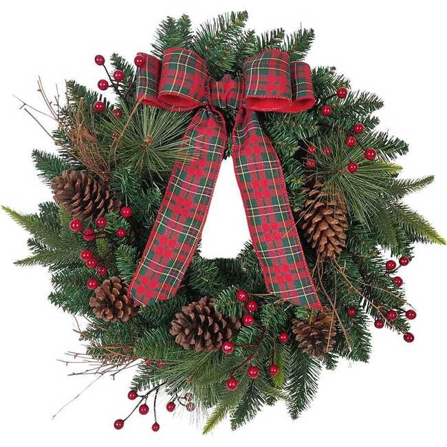 24-Inch Decorated Unlit Green Wreath with Bow, Holly Berrys and Cones