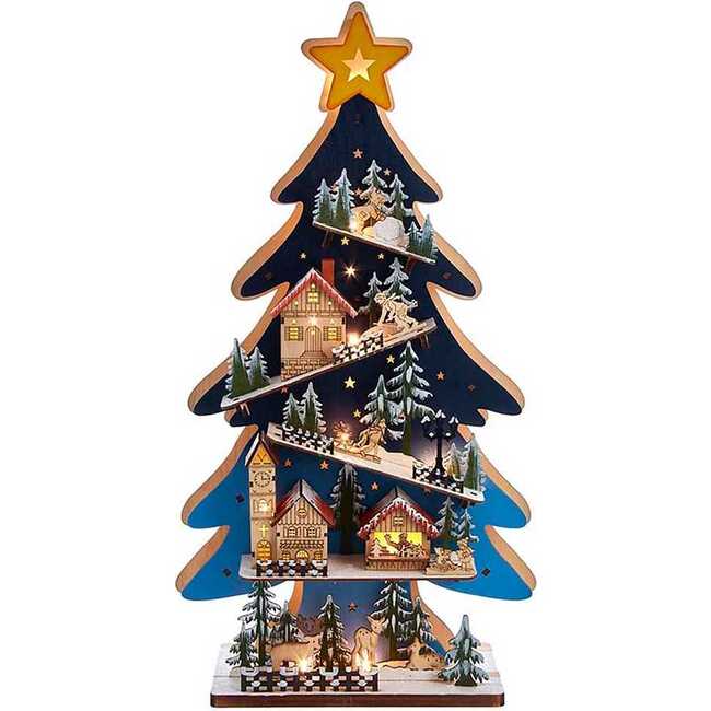 23.6-Inch Battery-Operated Light Up Wooden Christmas Tree with Village Scene