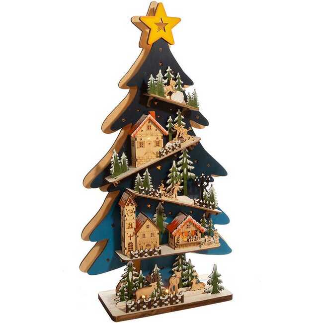 23.6-Inch Battery-Operated Light Up Wooden Christmas Tree with Village Scene - Other Accents - 2