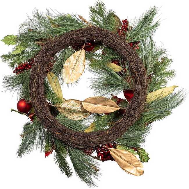 24-Inch Unlit Gold and Red Poinsettia Wreath - Wreaths - 6