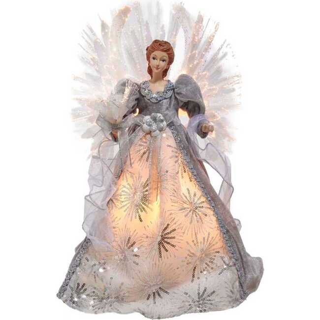 16-Inch Fiber Optic White, Silver, and Gray Angel Tree Topper