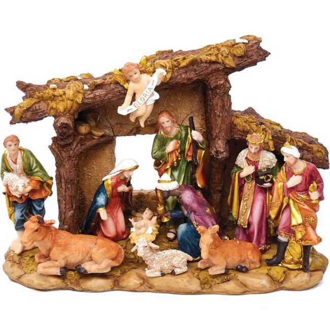 Resin Nativity Set with Figures and Stable - 11-Piece Set