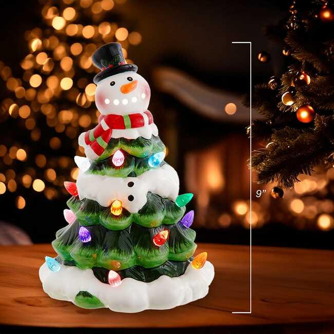 9-Inch Battery Operated Ceramic Light-Up Snowman Tree - Other Accents - 7