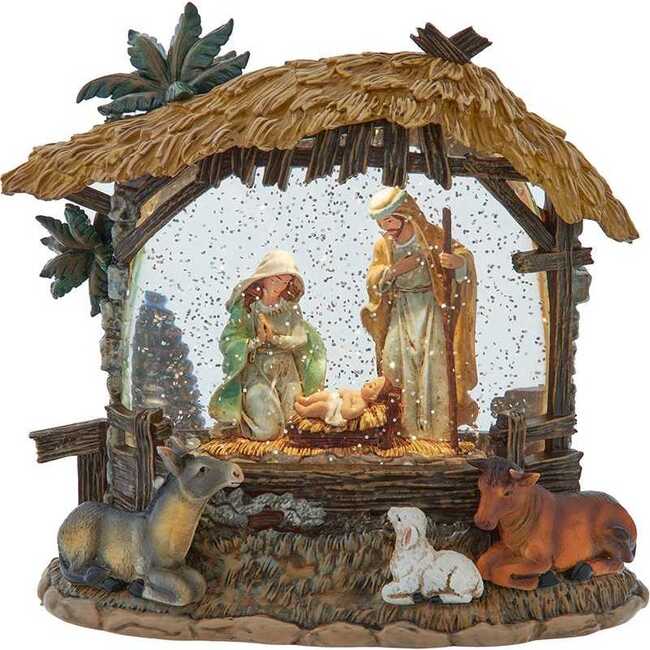 8-Inch Battery-Operated USB Lighted Nativity Scene with Spinning Glitter Water Globe