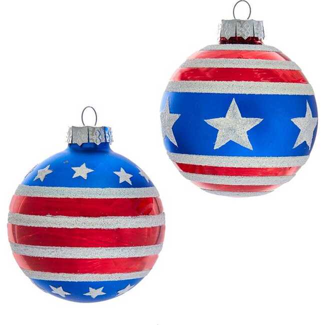 80MM Red, White and Blue Stars and Stripes Glass Ball Ornaments, 6 Piece Box