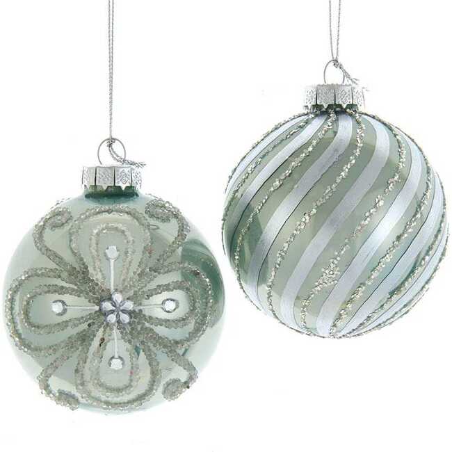 80MM Silver and Pale Aqua Embellished Ball Ornaments, 6 Piece Set