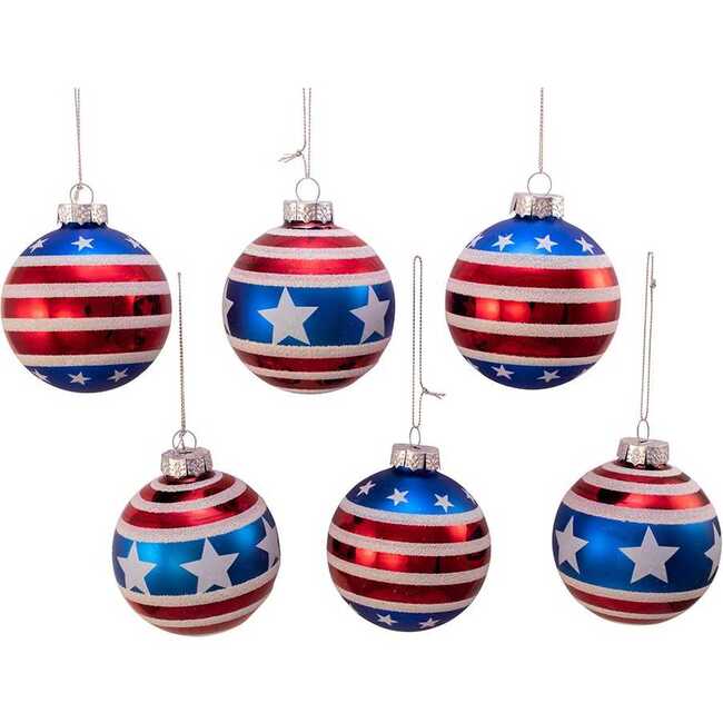 80MM Red, White and Blue Stars and Stripes Glass Ball Ornaments, 6 Piece Box - Ornaments - 2
