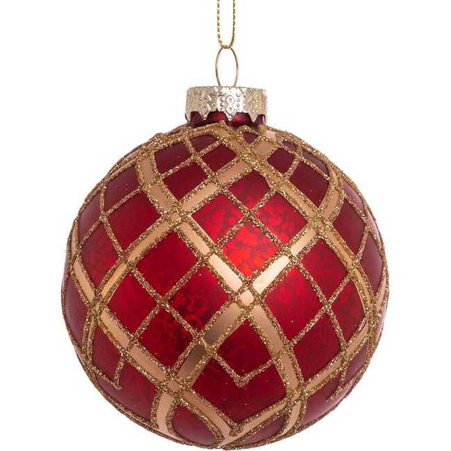 80MM Red with Gold Plaid Glass Ball Ornaments, 6-Piece Set