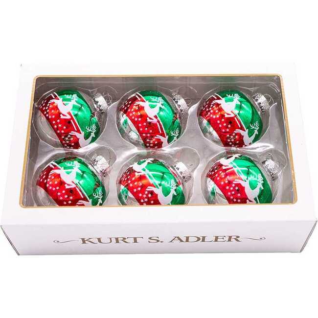 80MM Red and Green Reindeer Glass Ball Ornaments, 6 Piece Set