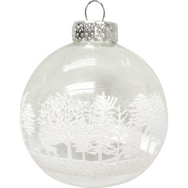 80MM Clear with White Tree Design Glass Ball Ornaments, 6 Piece Box