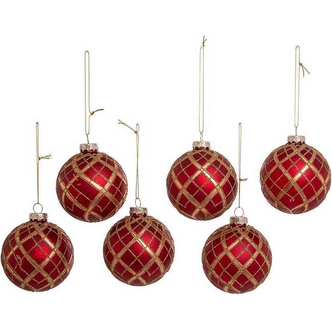 80MM Red with Gold Plaid Glass Ball Ornaments, 6-Piece Set - Ornaments - 2
