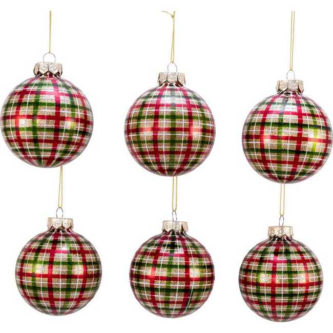 80MM Red and Green Plaid Glass Ball Ornaments, 6 Piece Box - Ornaments - 2