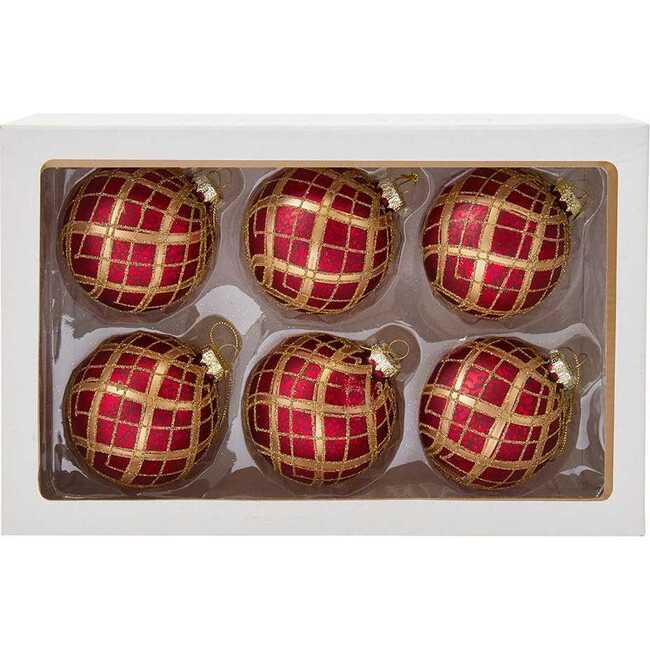 80MM Red with Gold Plaid Glass Ball Ornaments, 6-Piece Set - Ornaments - 3