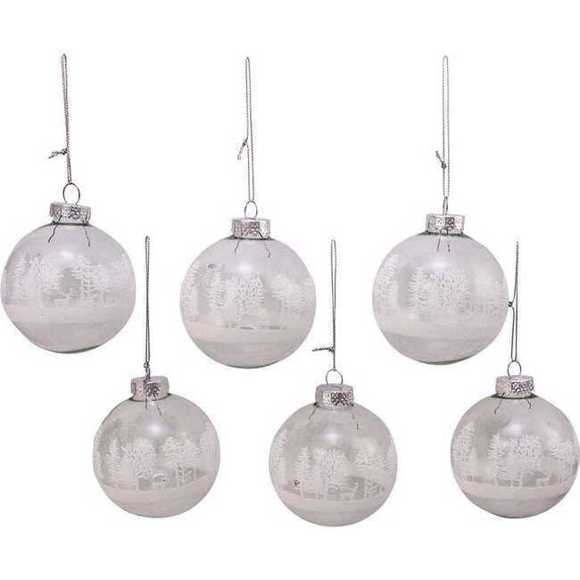 80MM Clear with White Tree Design Glass Ball Ornaments, 6 Piece Box - Ornaments - 4