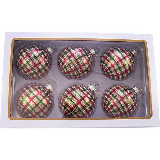 80MM Red and Green Plaid Glass Ball Ornaments, 6 Piece Box - Ornaments - 5