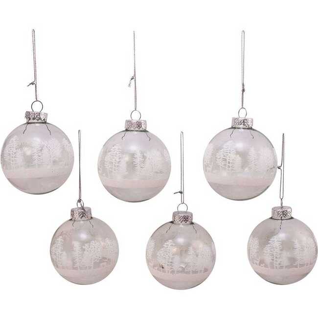80MM Clear with White Tree Design Glass Ball Ornaments, 6 Piece Box - Ornaments - 5