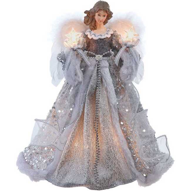 14-Inch UL 10-Light Silver and Ivory Angel Tree Topper