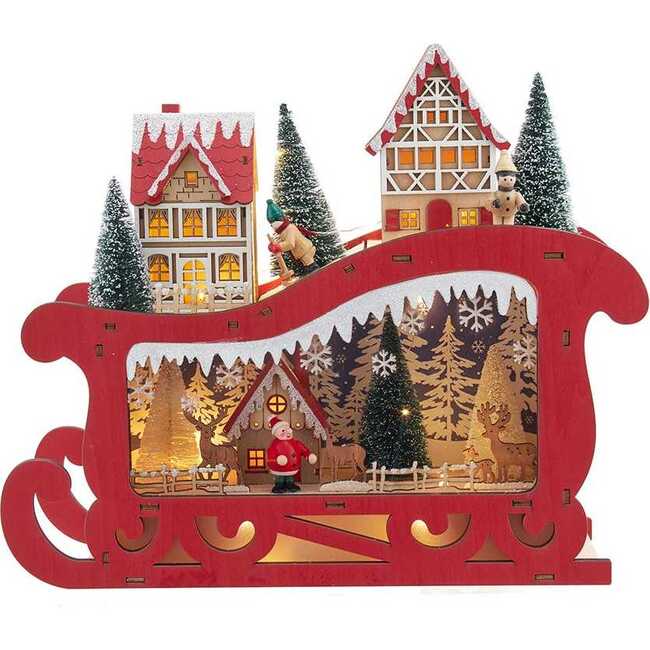 13.77-Inch Battery Operated LED Lighted Sleigh With Village Scene Table Piece