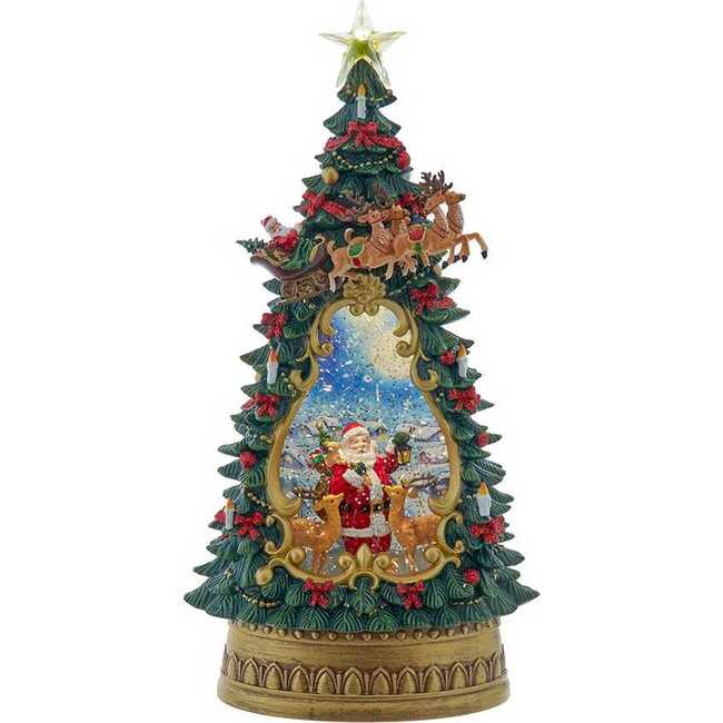 13.4-Inch Battery Operated USB LED Lighted Santa and Deer Tree Topper with Spinning Glitter Water