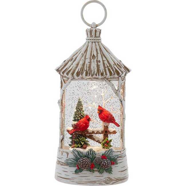 10.875-Inch Battery Operated USB LED Lighted Lantern with Cardinals and Spinning Glitter Water