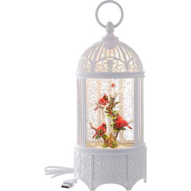 10.25-Inch Battery-Operated LED Swirl Cardinals in Water Bird Cage