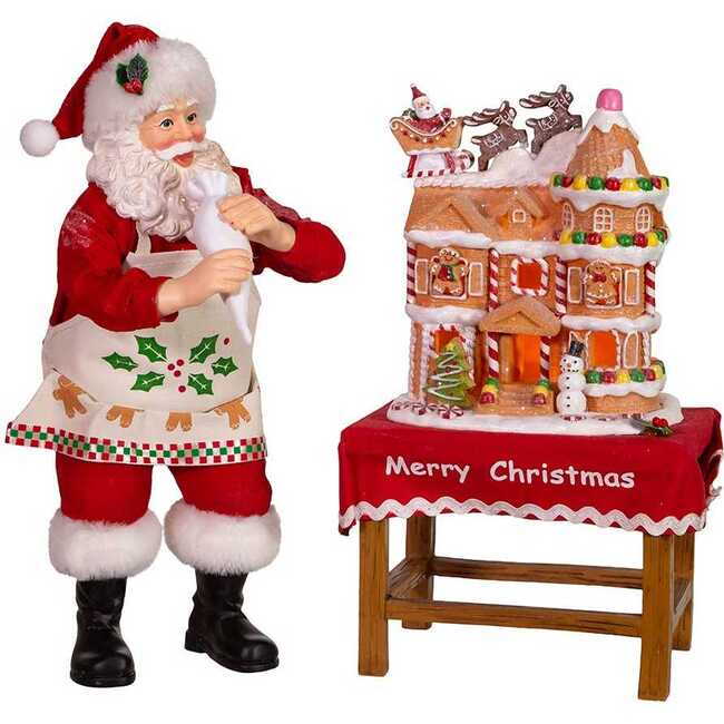 10.5-Inch Battery-Operated Fabriche Santa Decorating LED Gingerbread House Table Piece