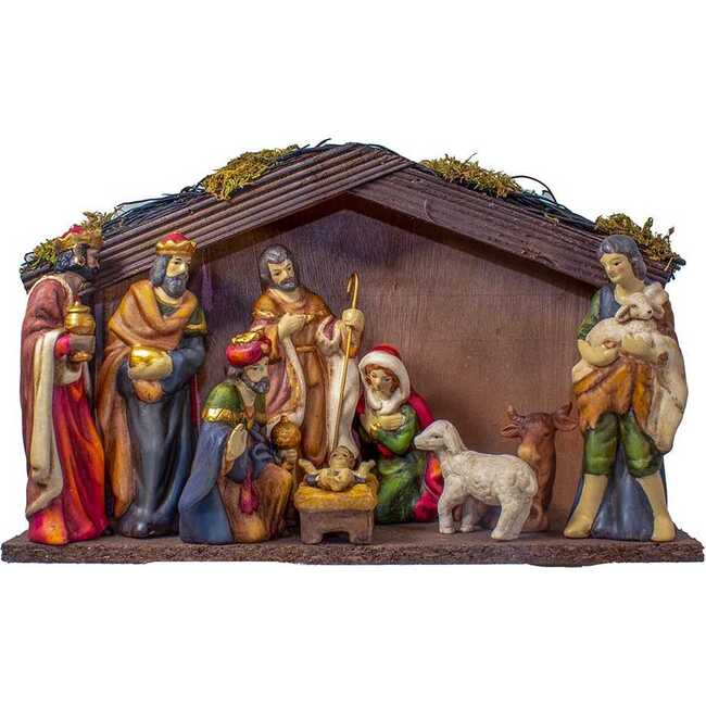 1.25-5.25-Inch Porcelain Nativity Figures With Wooden Stable, 9-Pieces