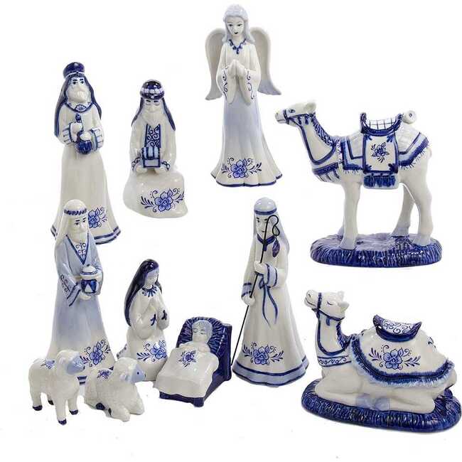 1.97-6.7-Inch Porcelain Delft Blue Nativity Set, 11-Piece Set