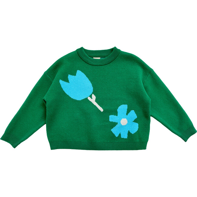 Teal and Green Flower Sweater, Green - Sweaters - 1