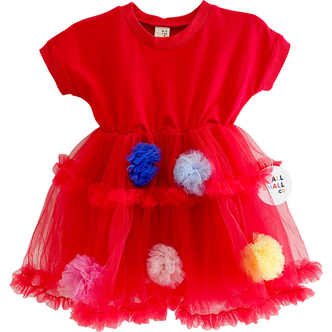 Pom Pom Crew Neck Cap Sleeve Dress, Red - Dresses - 1