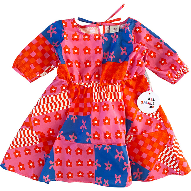 Pattern Patch Short Sleeve Back-Tie Dress, Pink & Blue - Dresses - 1