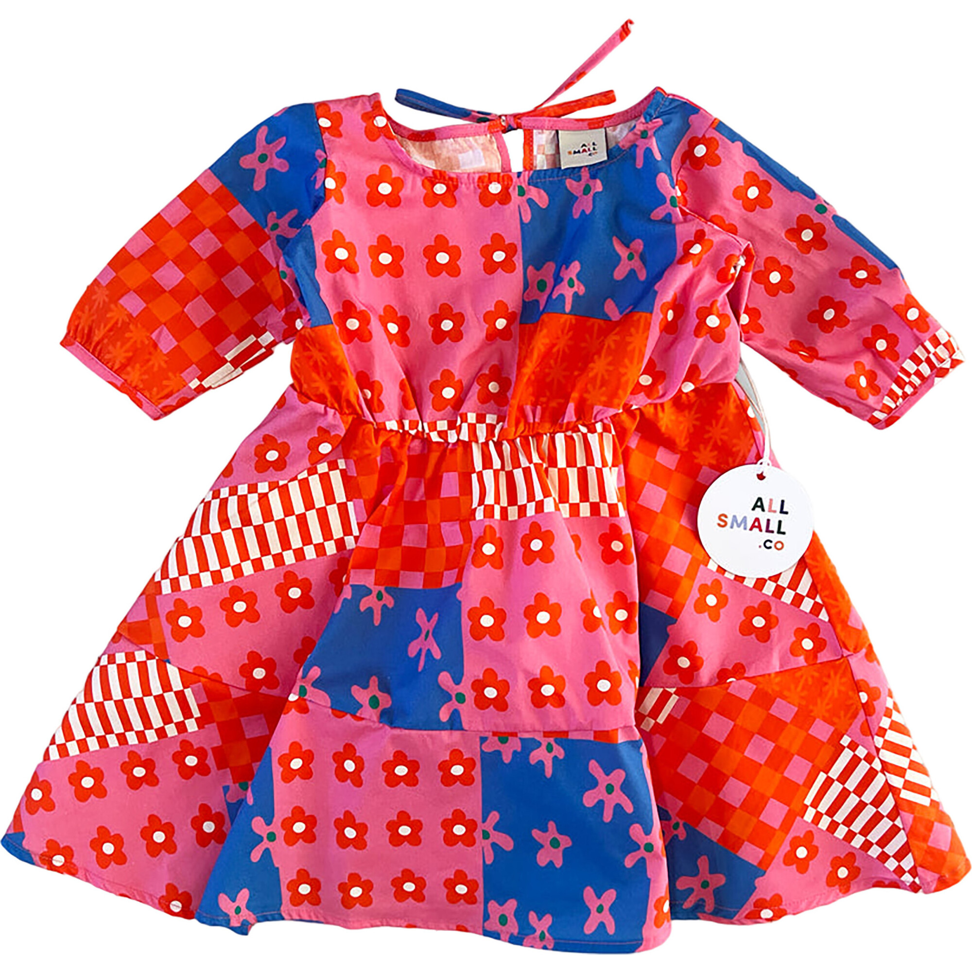 Pattern Patch Short Sleeve Back-Tie Dress, Pink & Blue - Dresses - 1