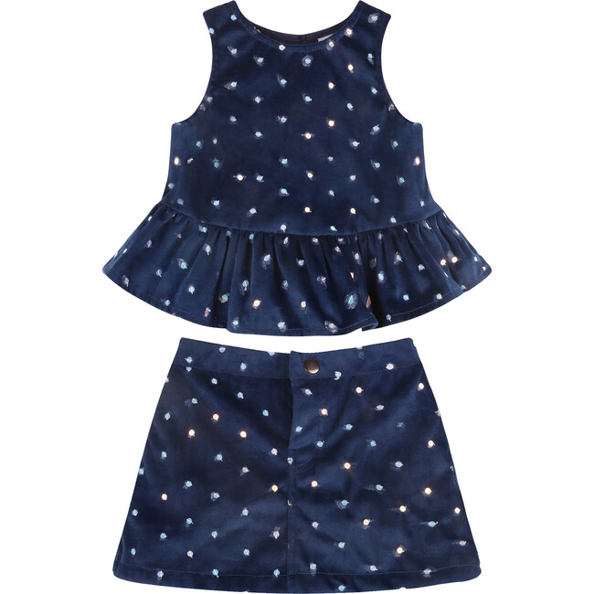 Navy Sequin Velvet Top & Skirt Set