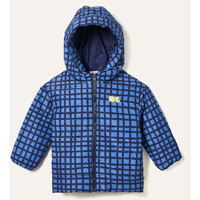 Recycled Polyester Blue Grid Lightweight Puffer, Blue