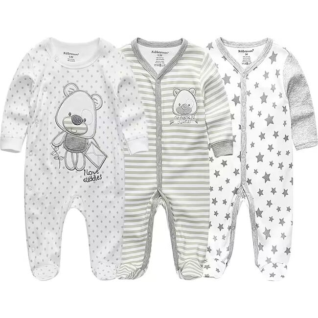 3 Pack Boys Button Footies, Bears and Stars