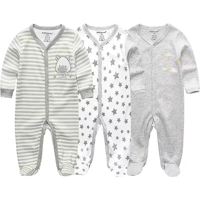3 Pack Boys Button Footies, Animals