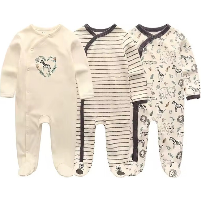 3 Pack Boys Button Footies, Zebra and Elephants