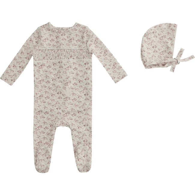 Smocked Floral Footie and Hat, Pink