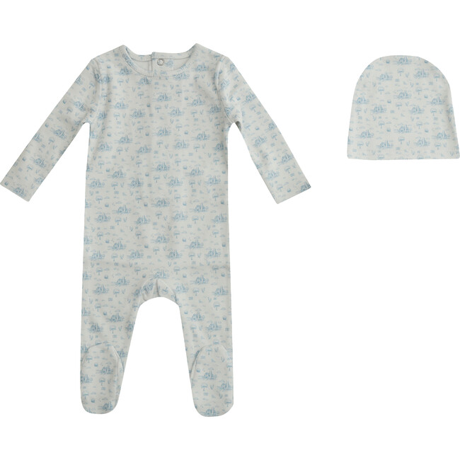 Farmhouse Print Footie and Hat, Blue